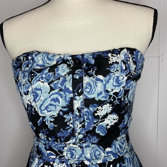 H&M Divided Size 8 Dress Strapless Skater Dress Blue Floral Lined - Picture 2 of 8